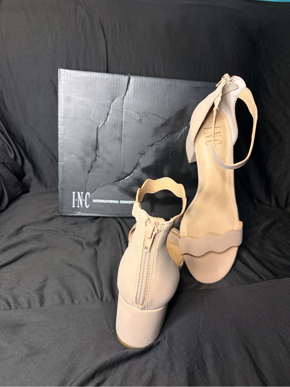 INC International Concepts Blush Scallop Ankle-Strap Block Heel Sandals